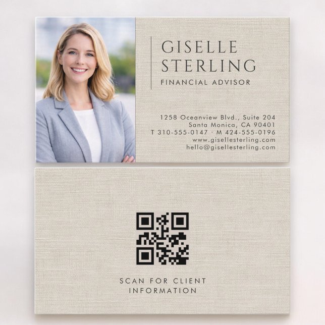Carte De Visite Code QR photo de conseiller financier en lin (Créateur téléchargé)