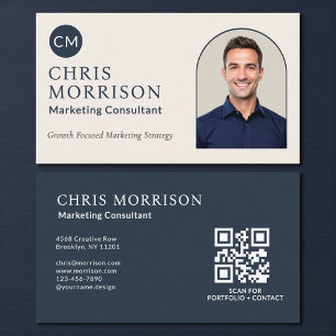 Carte De Visite Code QR photo de consultant en marketing bleu mari