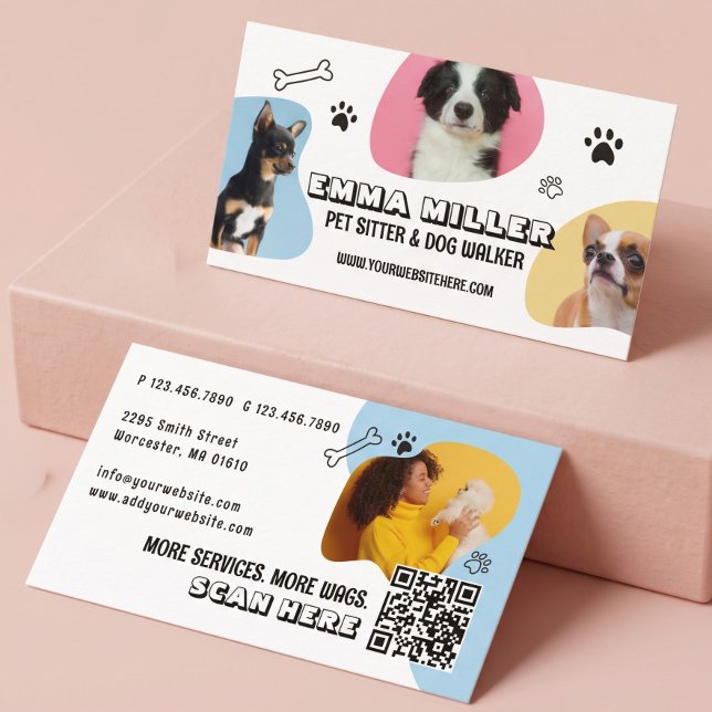 Carte De Visite Code QR photo de gardien de compagnie mignon et pr (Cute Pet Sitter Dog Walker Photo QR Code Business Card)