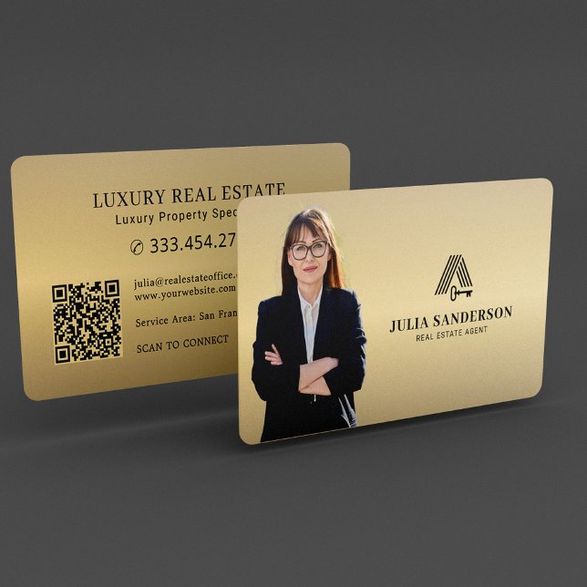 Carte De Visite Code QR photo de l'agent immobilier de luxe en mét (Créateur téléchargé)
