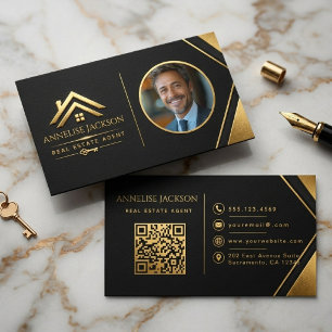 Carte De Visite Code QR photo de l'agent immobilier Luxe Navy Or