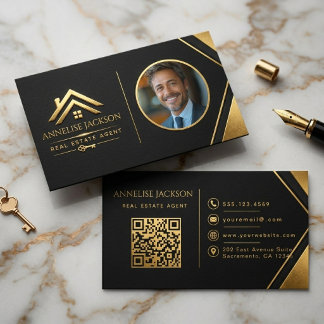 Carte De Visite Code QR photo de l'agent immobilier Luxe Navy Or