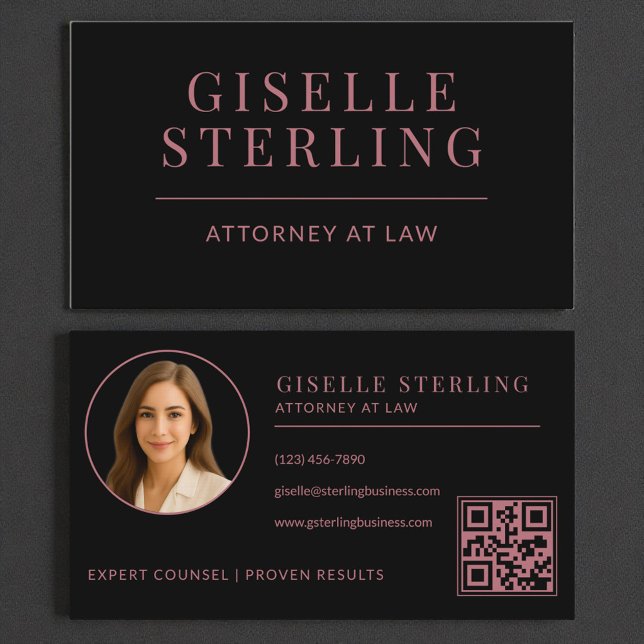 Carte De Visite Code QR photo de l'avocat Rose Gold Noir (Créateur téléchargé)