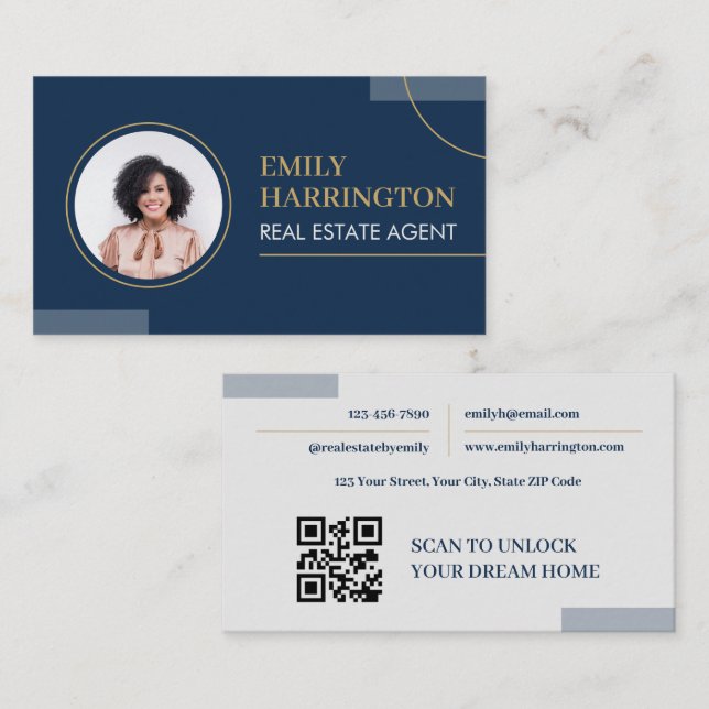 Carte De Visite Code QR photo de lignes fines Agent immobilier mar (Devant / Derrière)