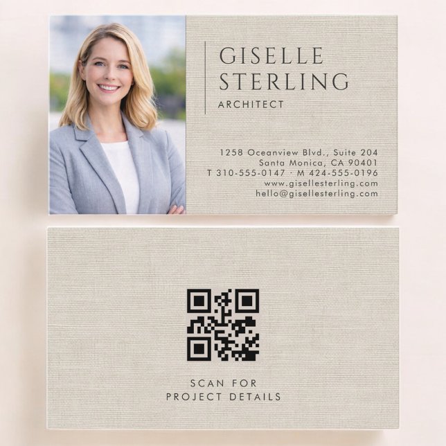 Carte De Visite Code QR photo de lin pour architecte (Créateur téléchargé)