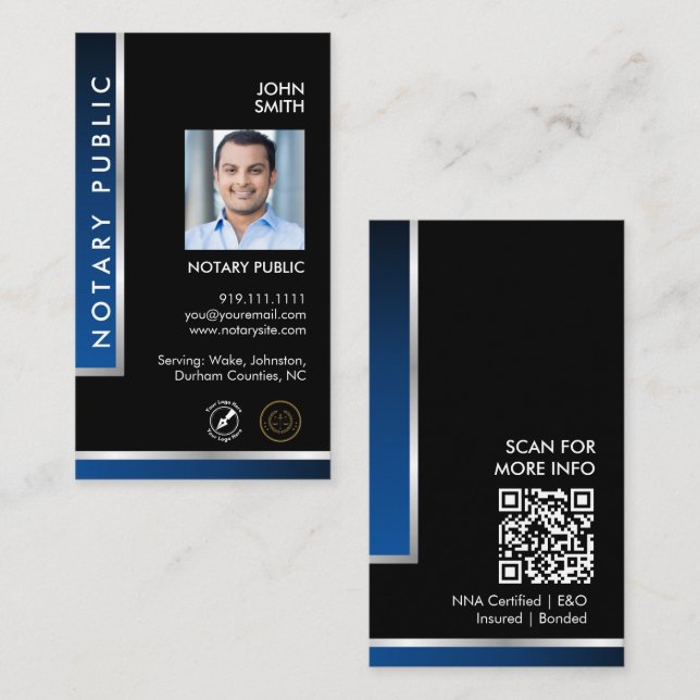 Carte De Visite Code QR photo de logo de notaire noir élégant  (Devant / Derrière)