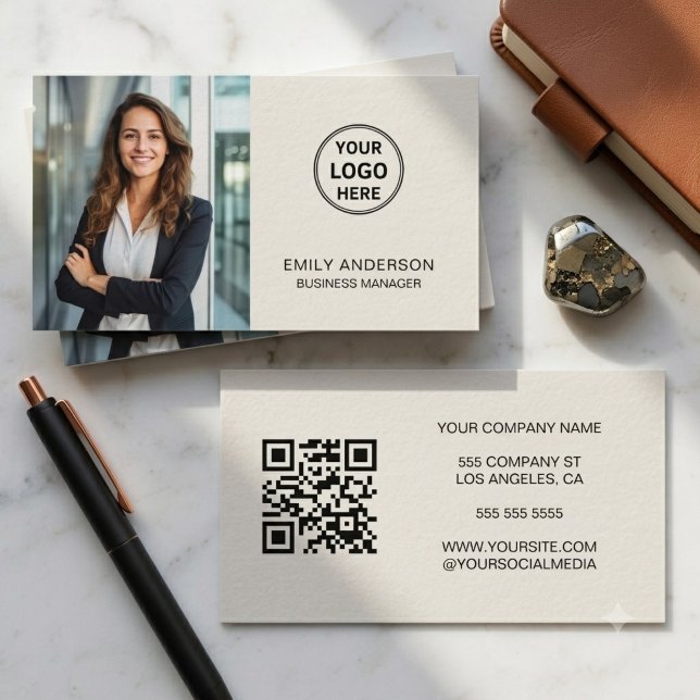 Carte De Visite Code QR photo de logo personnalisé moderne (Modern Custom Logo Photo QR Code Business Card)
