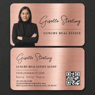 Carte De Visite Code QR photo de luxe en métal rose doré pour agen