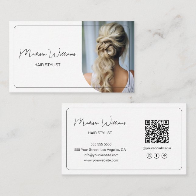 Carte De Visite Code QR photo de salon de coiffure moderne blanc (Devant / Derrière)