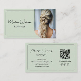 Carte De Visite Code QR photo de salon de coiffure moderne vert sa