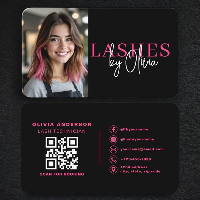 Carte De Visite Code QR photo de technicien de cil noir rose chaud (Créateur téléchargé)