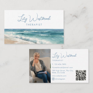 Carte De Visite Code QR photo de thérapeute élégant plage aquarell