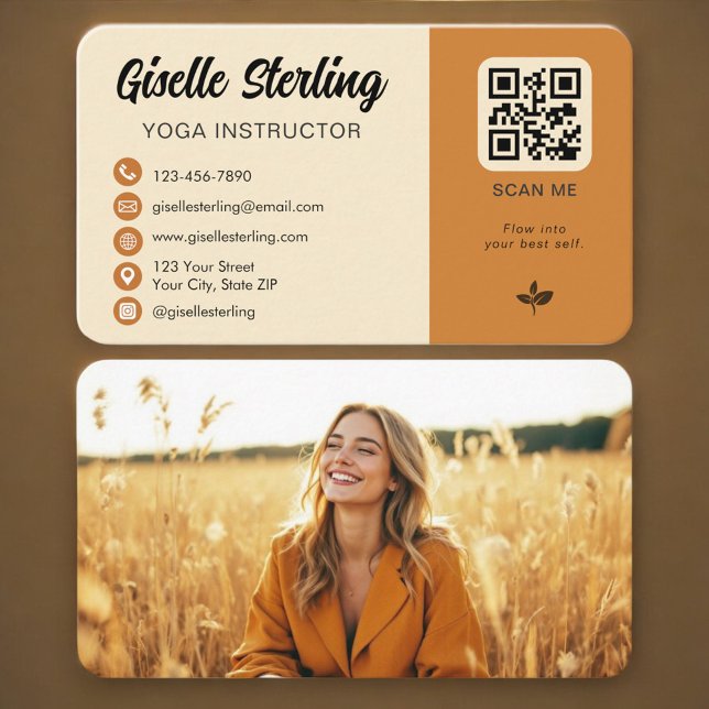 Carte De Visite Code QR photo d'instructeur de yoga (Créateur téléchargé)