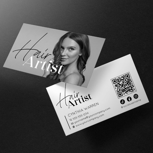 Carte De Visite Code QR photo élégant et tendance pour coiffeur bl (Créateur téléchargé)