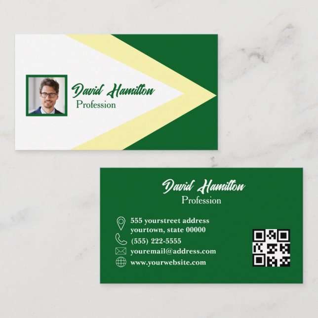 Carte De Visite Code QR photo géométrique vert blanc jaune (Devant / Derrière)