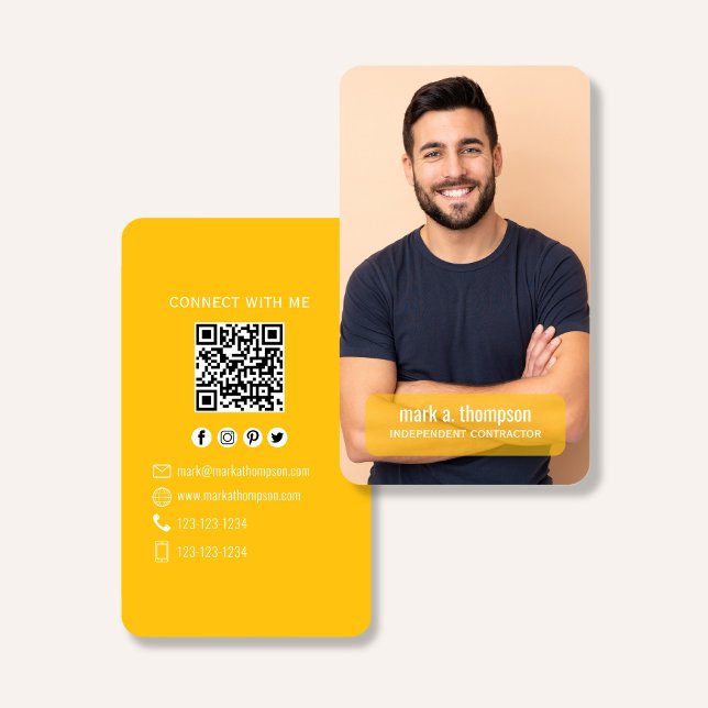 Carte De Visite Code QR photo jaune moutarde Connectez-vous Modern (Bright mustard yellow QR code business card with photo and modern clean layout)