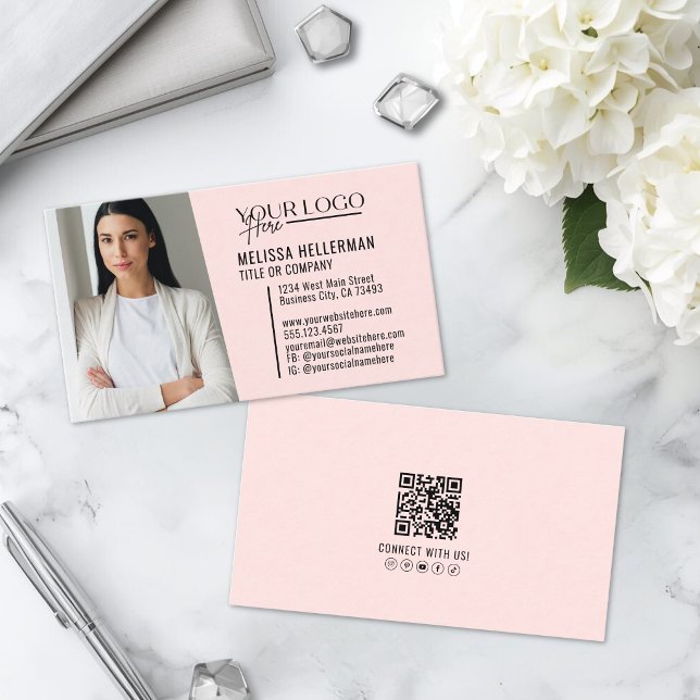 Carte De Visite Code QR Photo Logo Rose Moderne Professionnel (Modern Professional Pink QR Code Photo Logo Business Card )