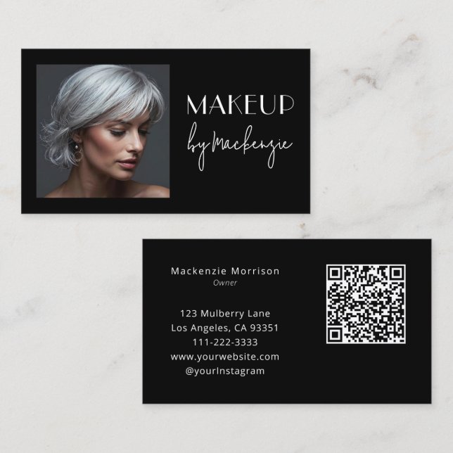 Carte De Visite Code QR photo Maquillage Écriture Noire Élégante (Devant / Derrière)