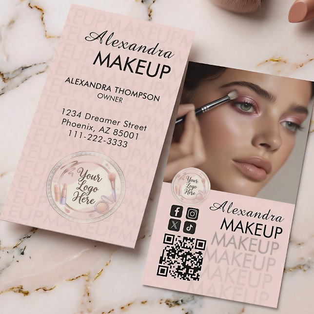Carte De Visite Code QR photo Maquillage écriture Rose Blush (Créateur téléchargé)