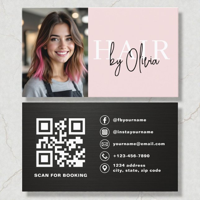 Carte De Visite Code QR Photo Métallisé Rose Pâle Coiffeur (Créateur téléchargé)