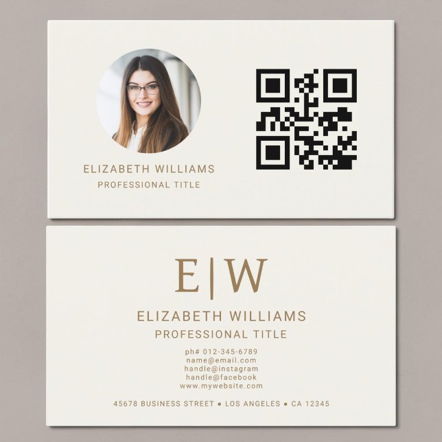 Carte De Visite Code QR Photo Monogramme Or Neutre (Créateur téléchargé)