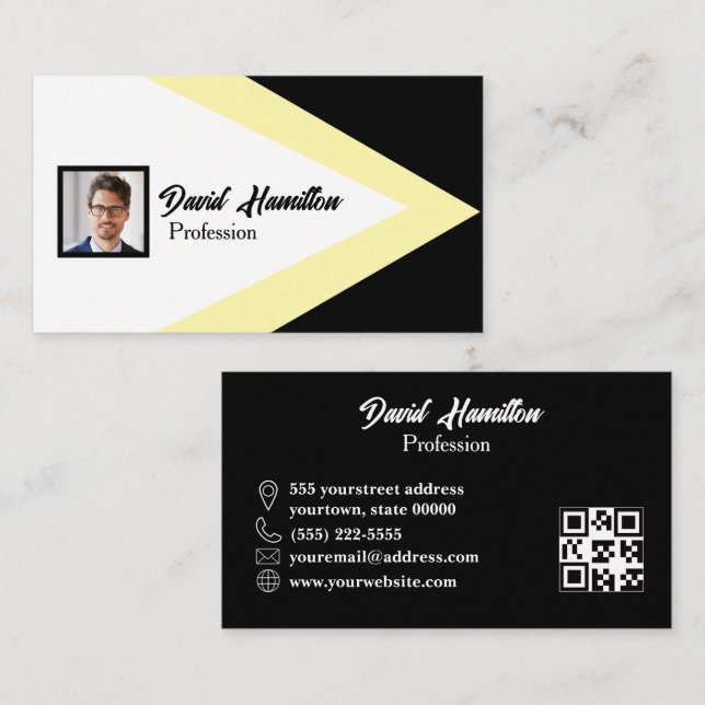Carte De Visite Code QR photo noir blanc jaune géométrique (Devant / Derrière)