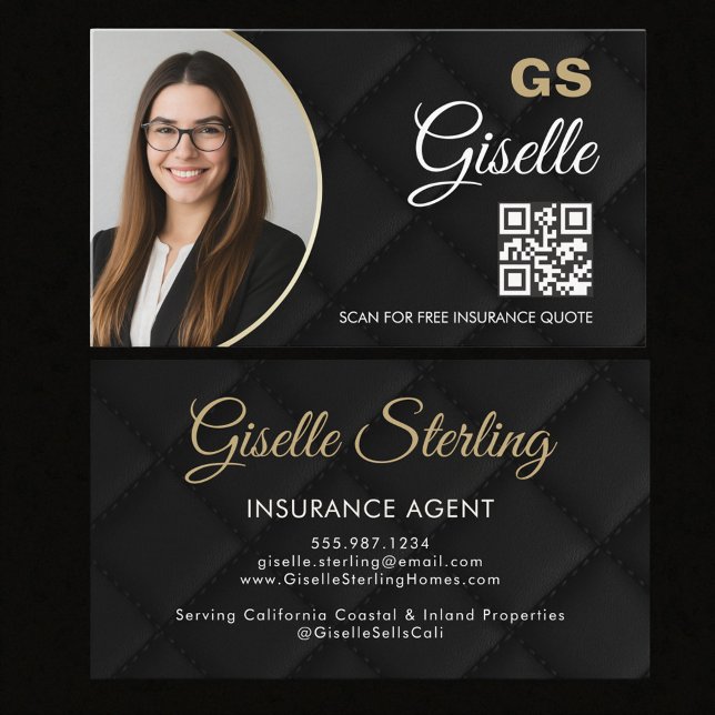 Carte De Visite Code QR photo noir d'agent d'assurance de luxe  (Créateur téléchargé)
