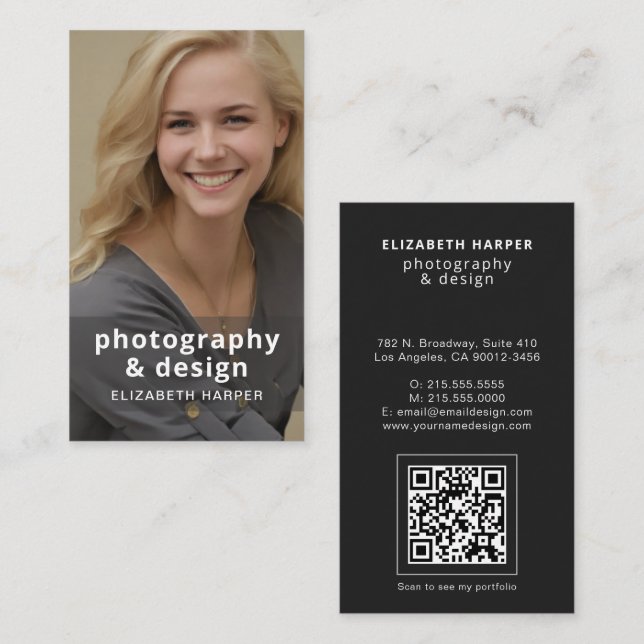 Carte De Visite Code QR Photo Noir Moderne Élégant Professionnel (Devant / Derrière)