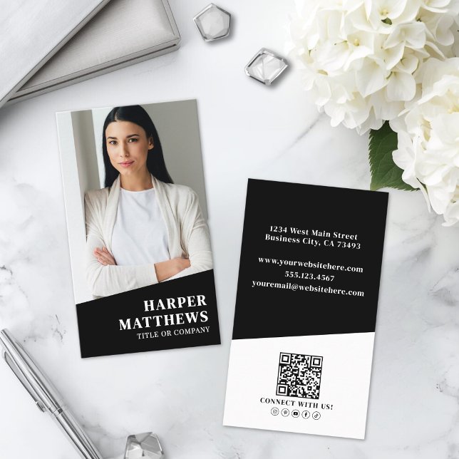 Carte De Visite Code QR Photo Noir Vertical (Black Photo QR Code Vertical Business Card )