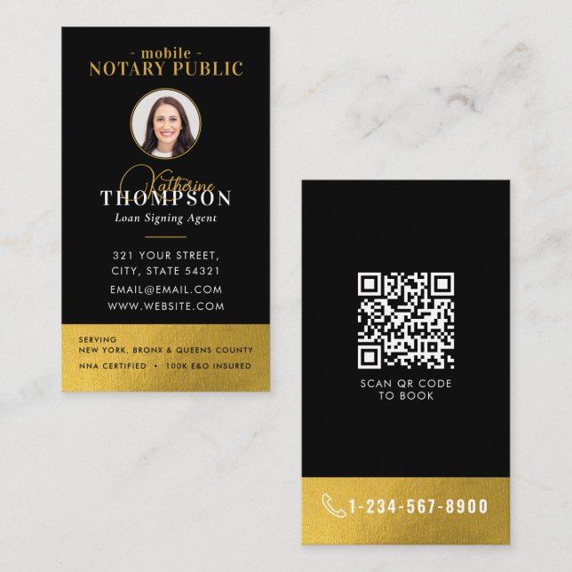 Carte De Visite Code QR photo Notaire Signataire Black Gold (Devant / Derrière)