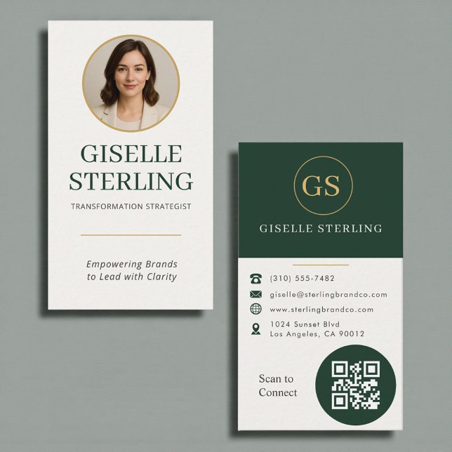 Carte De Visite Code QR photo or en or vert foncé (Créateur téléchargé)