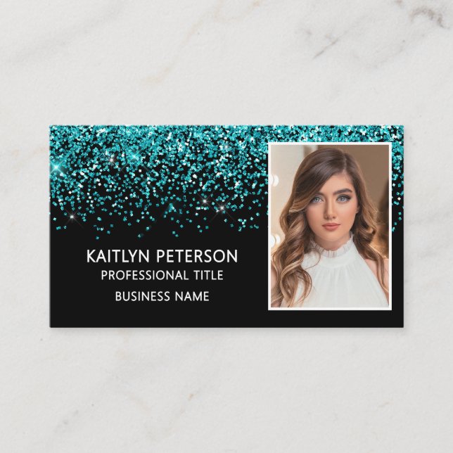Carte De Visite Code QR photo pailleté Aqua élégant Noir (Devant)