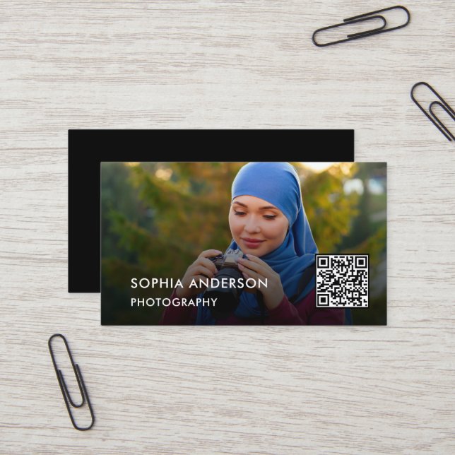 Carte De Visite Code QR photo | Photographe noir (Devant/Arrière en situation)