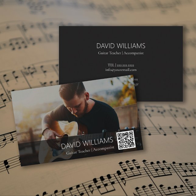 Carte De Visite Code QR Photo Professeur de Musique Chanteur Auteu (QR Code Photo Music Teacher Singer Songwriter Business Card)