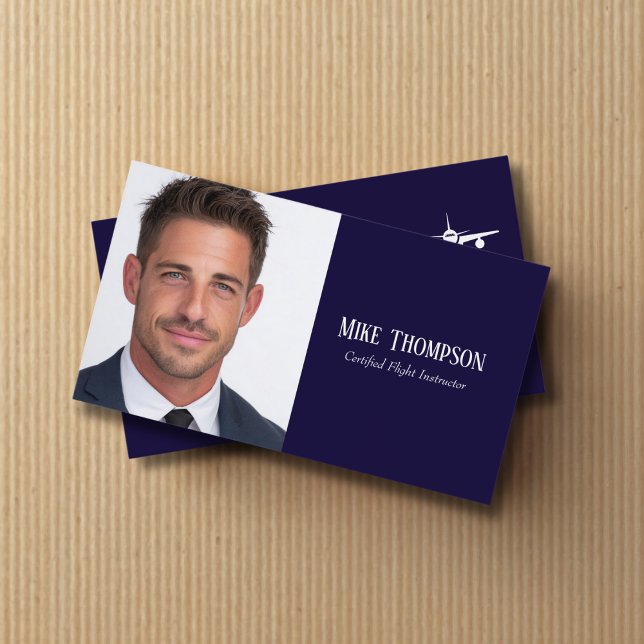 Carte De Visite Code QR Photo Professionnel Pilote Bleu Aviation  (Créateur téléchargé)