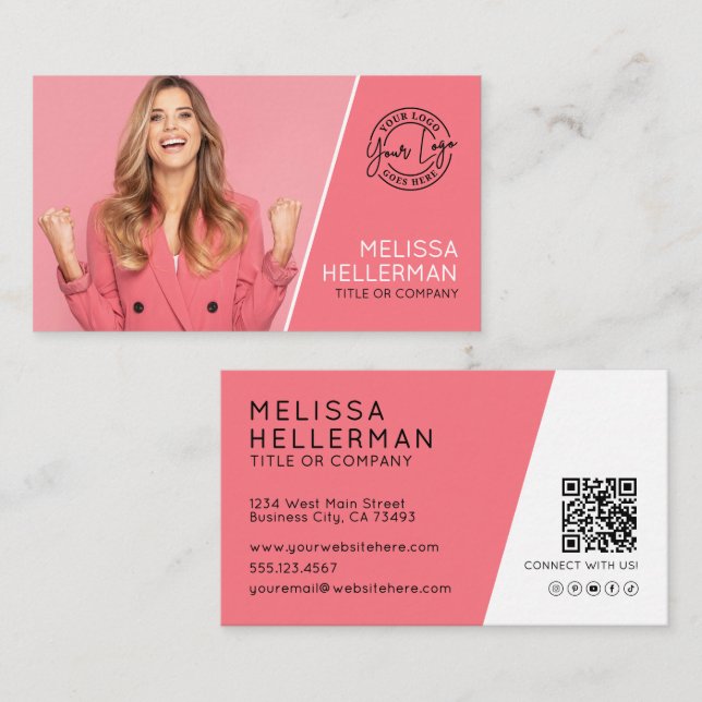 Carte De Visite Code QR photo professionnelle rose Votre logo (Devant / Derrière)