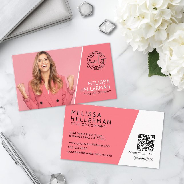 Carte De Visite Code QR photo professionnelle rose Votre logo (Pink Professional Photo QR Code Your Logo Business Card)