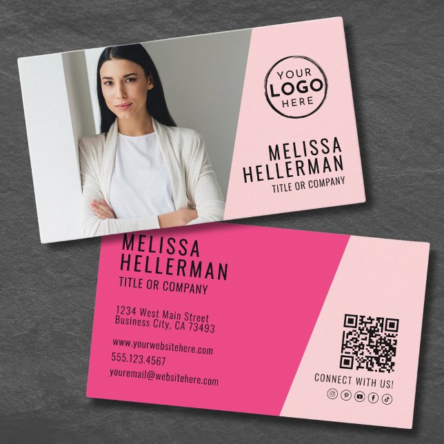 Carte De Visite Code QR Photo Rose Société Votre Logo (Pink Photo QR Code Company Your Logo Business Card)