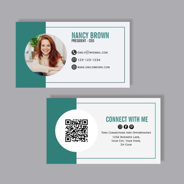 Carte De Visite Code QR Photo Sarcelle Connectez-vous avec moi (Modern teal photo business card with QR code back, clean minimalist layout, and polished professiona)
