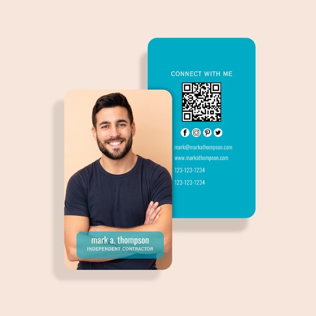 Carte De Visite Code QR Photo Sarcelle Moderne Connectez-Vous Avec (Modern teal QR code card with photo and clean minimalist contact layout)