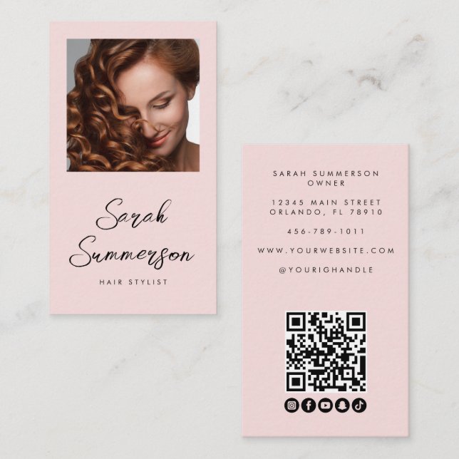 Carte De Visite Code QR Photo Script Rose Noir Coiffeur (Devant / Derrière)