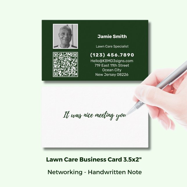 Carte De Visite Code QR photo simple message personnel vert blanc (Simple Photo QR Code Personal Message Green White Business Card; Size 3.5x2 Inch)