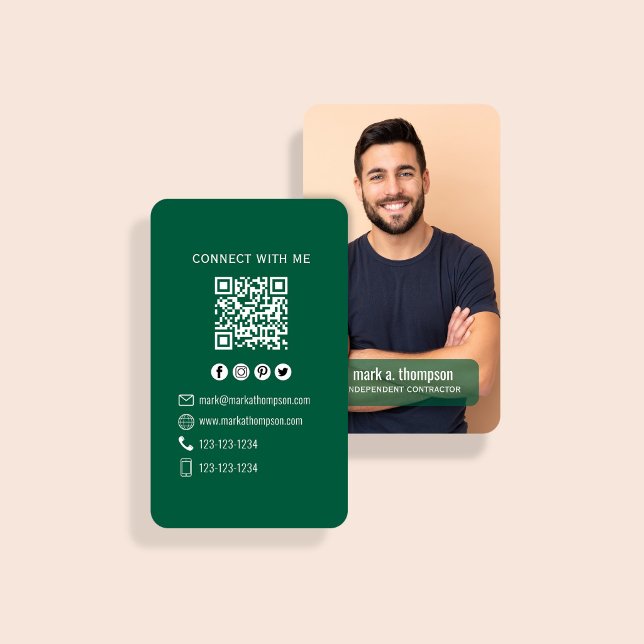 Carte De Visite Code QR Photo Vert Foncé Connectez-vous Avec Moi (Dark green QR code card with photo and clean modern contact layout)