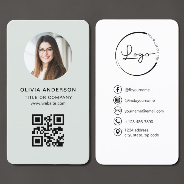 Carte De Visite Code QR Photo Vert Sauge (Créateur téléchargé)