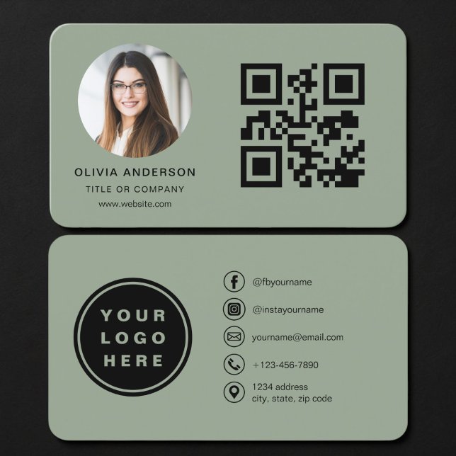 Carte De Visite Code QR Photo Vert Sauge (Créateur téléchargé)
