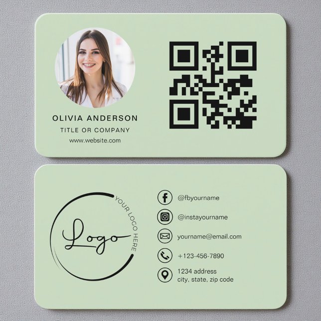 Carte De Visite Code QR Photo Vert Sauge (Créateur téléchargé)