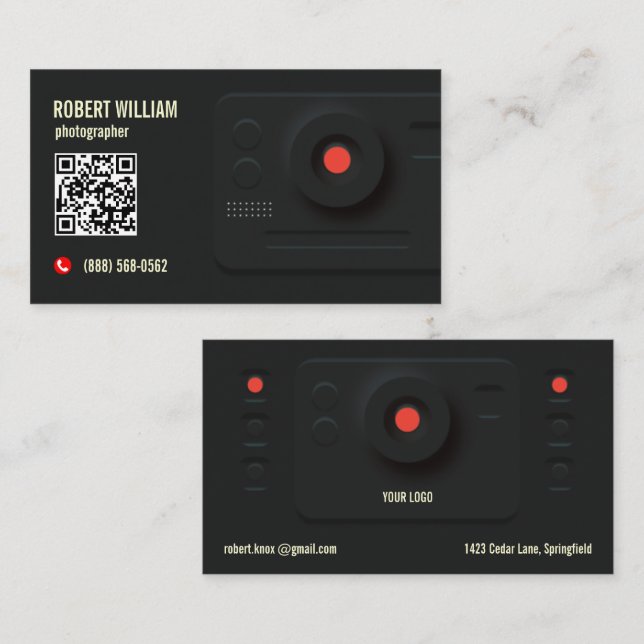 Carte De Visite Code QR Photographe Moderne Noir | Design Minimali (Devant / Derrière)