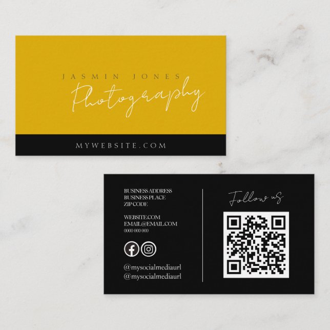 Carte De Visite Code QR Photographie Jaune Gras (Devant / Derrière)