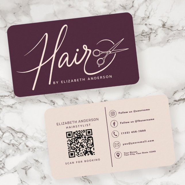 Carte De Visite Code QR Plum Coiffeur Écriture Élégante (Créateur téléchargé)