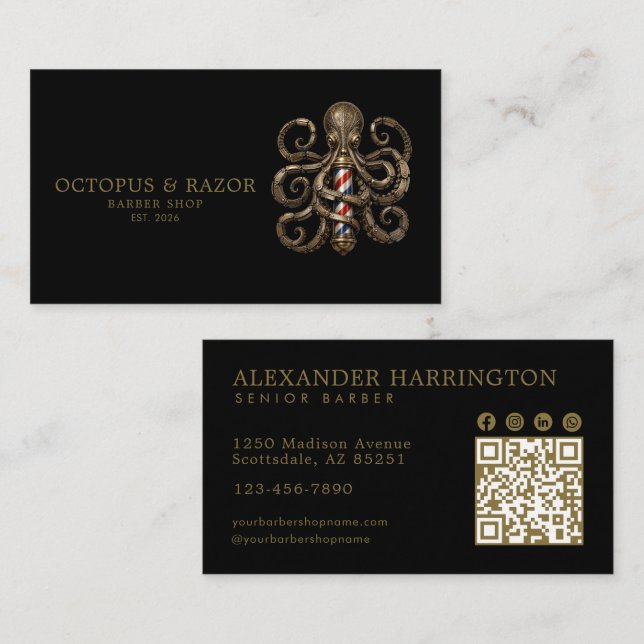 Carte De Visite Code QR Poulpe Bronze de Salon de Coiffure Profess (Devant / Derrière)